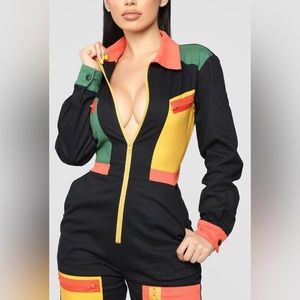 Fashion Nova Jumping Jumping Jumpsuit Size XL Black  Mustard Orange Green